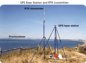 The DGPS base station (round antenna) and real-time kinematic correction transmitter (long antenna) on the beach, near Truro.