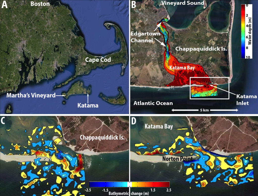 Figure 1: (A) Southeastern New England showing Katama on the south shore of Martha's Vineyard. (B) The Katama system. Color contours (scale on right) are water depth (blue is deep, red is shallow) from Jul 2011. Bathymetric change near Katama Inlet (white box in B) caused by hurricanes (C) Irene (Aug 2011) and (D) Sandy (Oct 2012) (color contours, scale on bottom, blue is erosion, red is accretion, only changes > 0.25 m are shown).