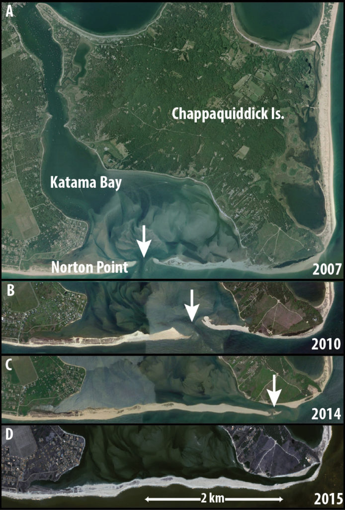 Figure 2. The Katama system. Since it breached in 2007 (a), Katama Inlet migrated > 2 km until it closed in Apr 2015 (d). The mouth of the inlet was in roughly the same location from 2012 [not shown, similar to 2014 (c)] until late 2014 (c).