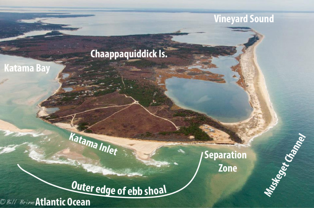 Figure 3. Chappaquiddick Is. and the southern shore of Martha's Vineyard (2014) showing Muskeget Channel (tidal flows > 3 m/s) connecting Vineyard Sound and the Atlantic, Katama Inlet (flows ~ 2 m/s), the separation zone where flows are quiescent and sediment (brown water) may settle, and the approximate outer edge of the ebb shoal.