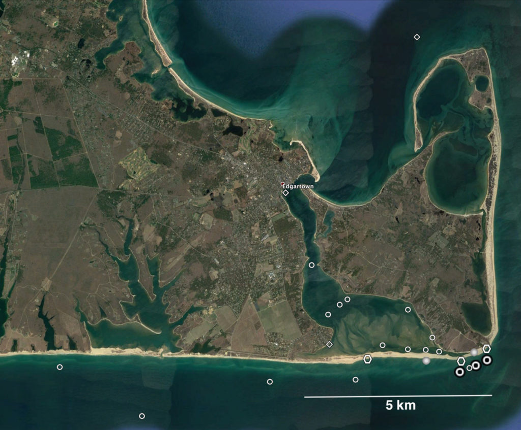 Figure 4. Google Earth image of Martha's Vineyard in 2017, with Katama Inlet closed. The symbols are locations of some of the sensors deployed in summer and fall 2011-2015. The colocated sensors measured water levels, tides, waves, and currents.