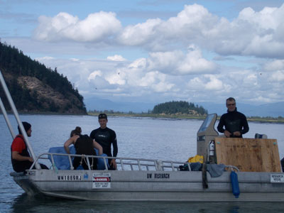 Levi, Erika, Evan, and Bill (left to right) putting together rafts in preparation for instrument deployment.