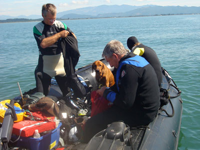 Bill, Steve, and Britt (left to right) putting on dive gear while Whit watches.
